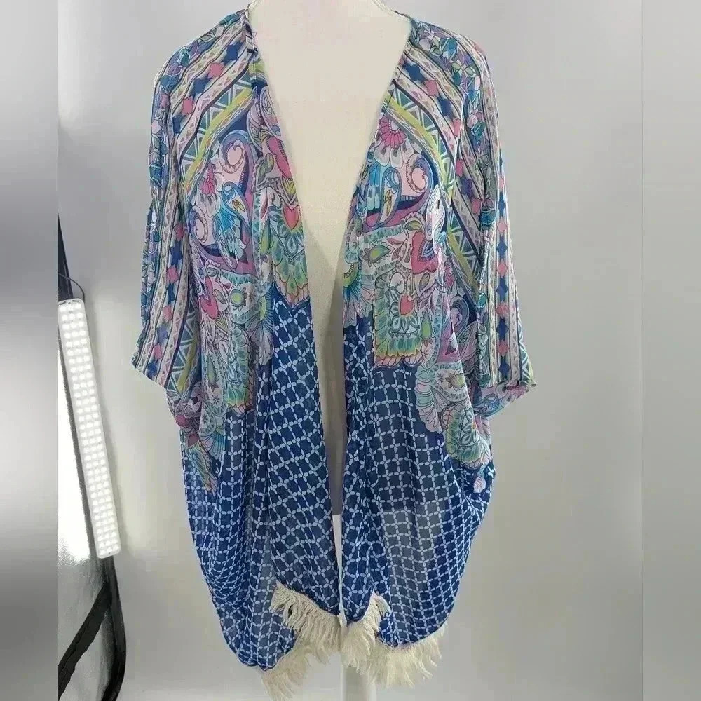Candy Rose Pink And Blue Open Front Paisley Top Size M/L Tangled Tie Hem